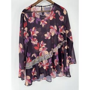 Logo by Lori Goldstein Floral Sheer Blouse Purple Artsy QVC Mixed media ruffle M